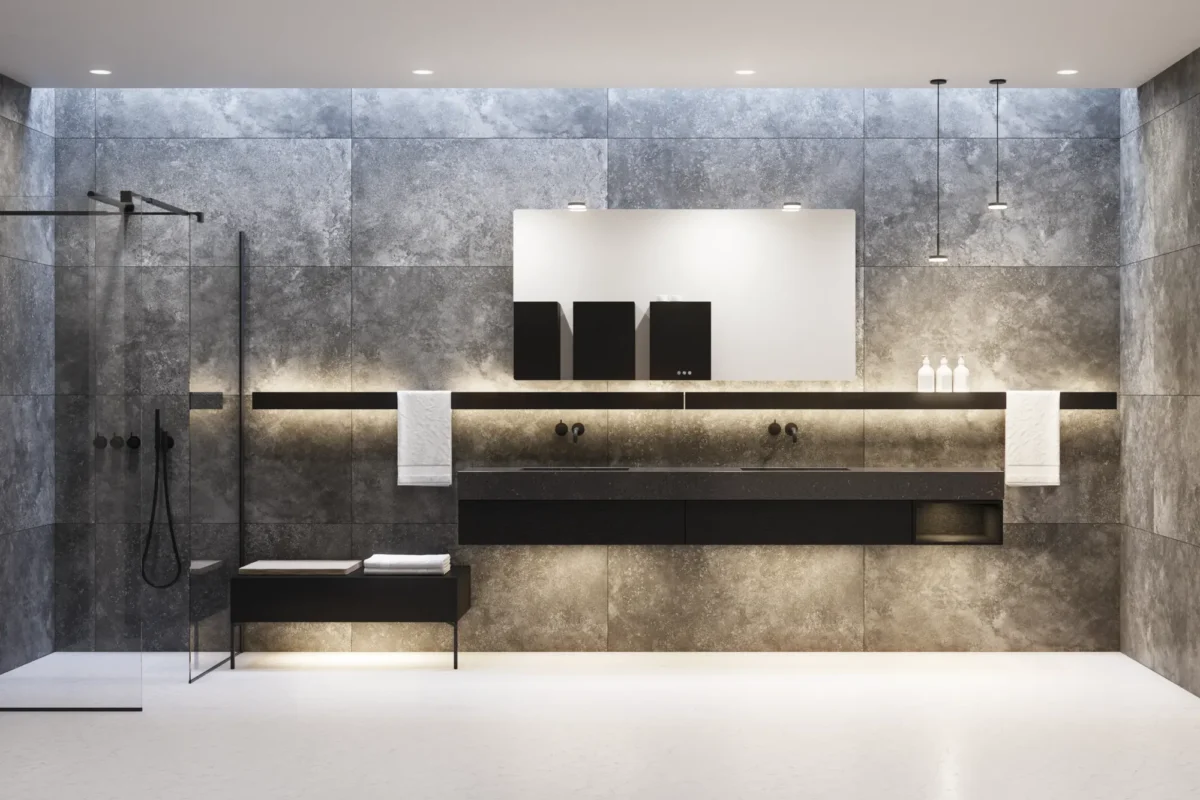 Moderne grått baderom med vask