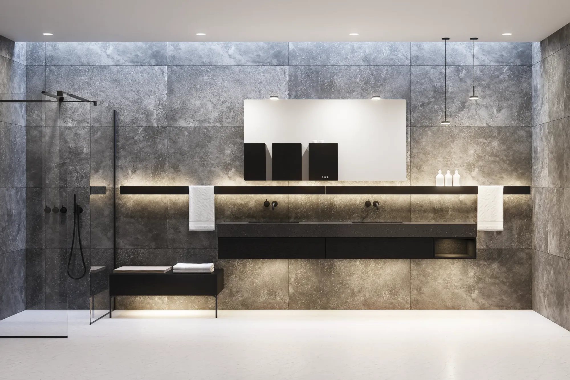 Moderne grått baderom med vask