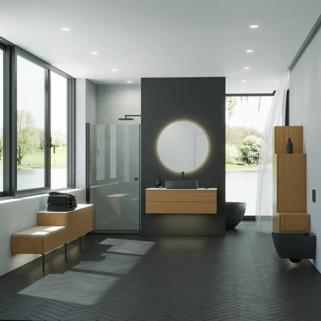 Moderne bad med dusj og servant