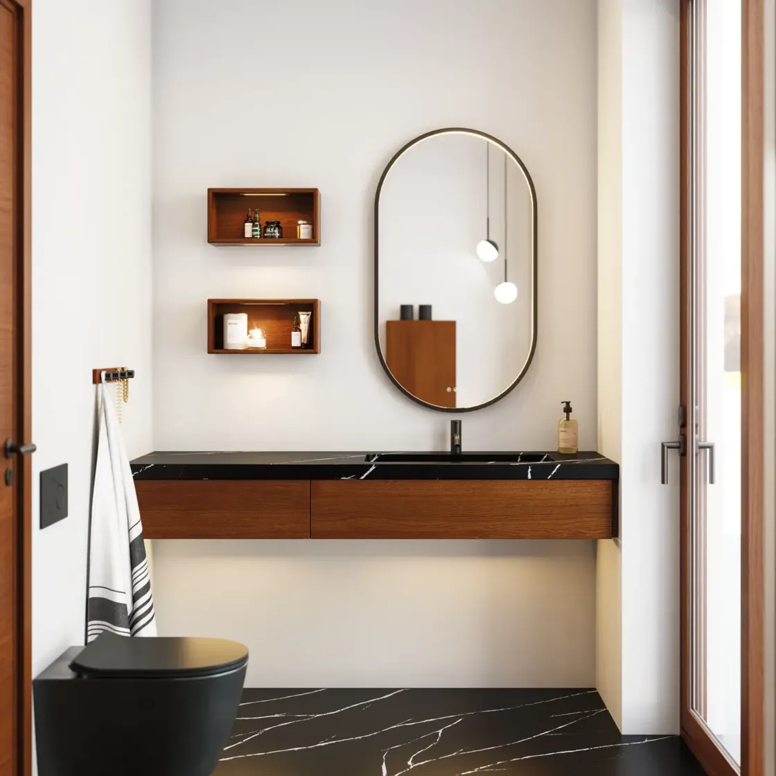 Moderne baderom med svart toalett