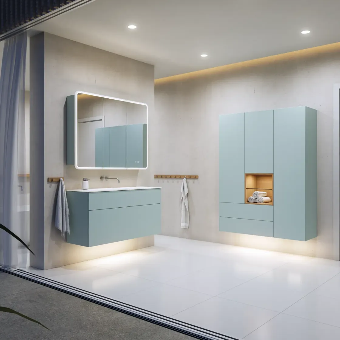 Moderne baderomsinnredning i mintgrønn