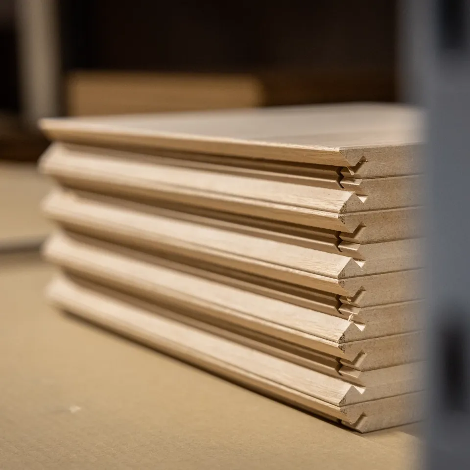 Stabel med treverk i fabrikk